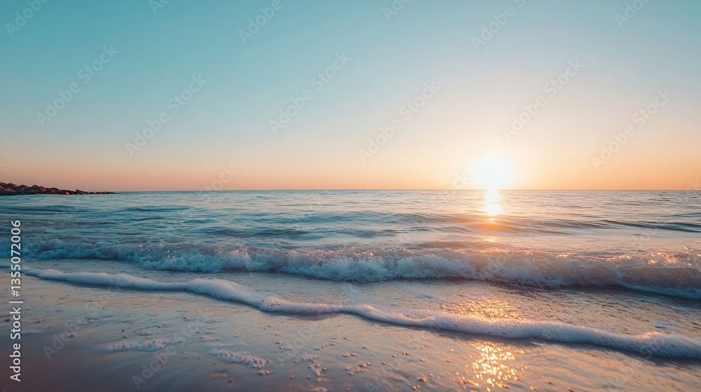 Poster golden hour beach scene with gentle waves lapping against the shore under a vibrant sunset sky : gen