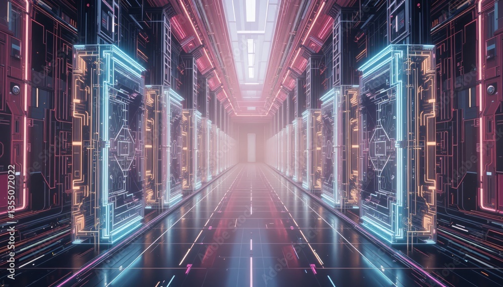 Poster futuristic data center tour virtual reality space digital art high-tech environment perspective view