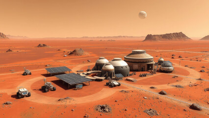 space base on mars, space exploration, another planet of the solar system, high tech architecture, science fiction, solar panels, dome, mars rover, building in the red desert, dune, Martian landscape