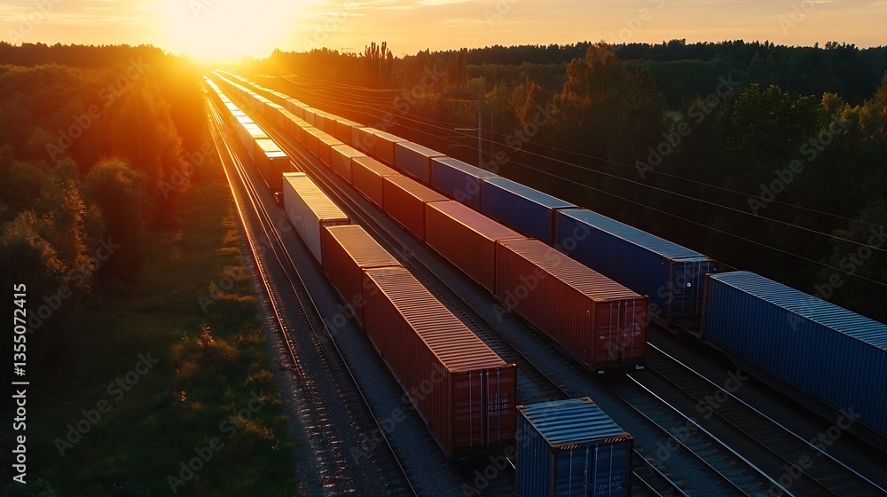 Poster aerial view of freight trains transporting cargo along rails during a stunning sunset : generative a