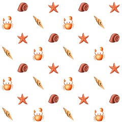 Sea seamless pattern with starfish, crab and shell