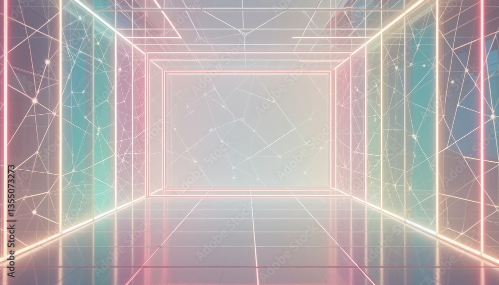 Poster illuminated virtual reality space futuristic studio 3d animation neon environment wide-angle perspec