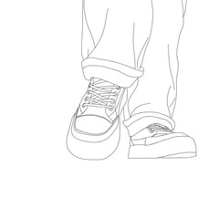 A black and white line drawing of a person wearing loose pants and sneakers, shown from the knees down, with one foot slightly forward in a walking pose.