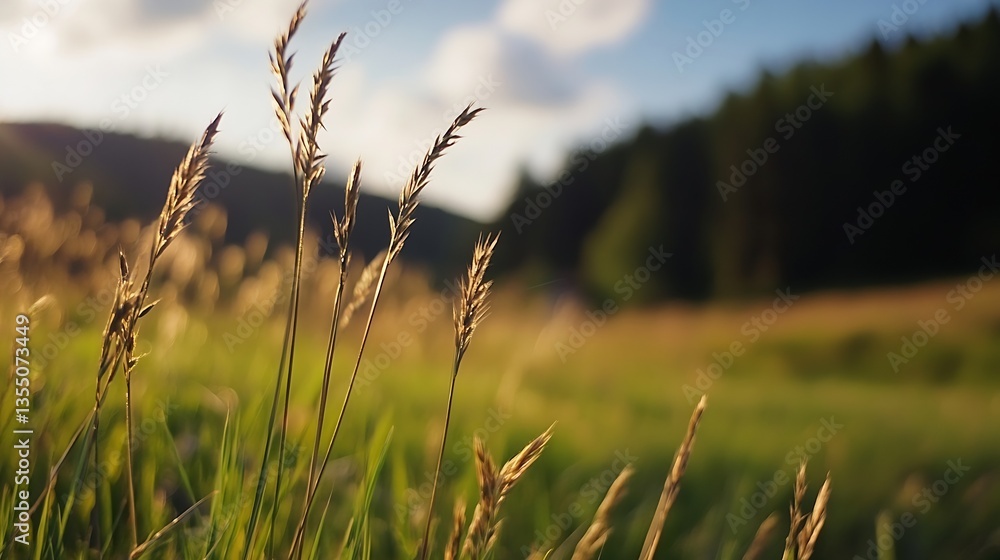 Poster close up of golden grass reaching toward soft evening light in serene field : generative ai