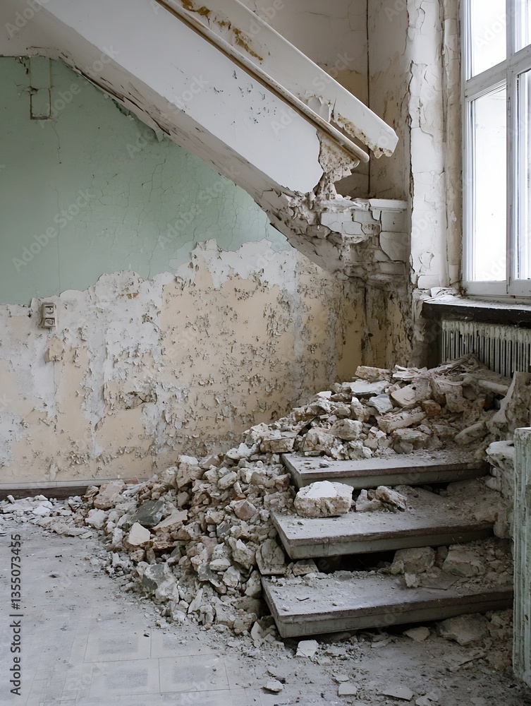 Poster Decayed and crumbling interior space with broken stairs creating an eerie atmosphere : Generative AI
