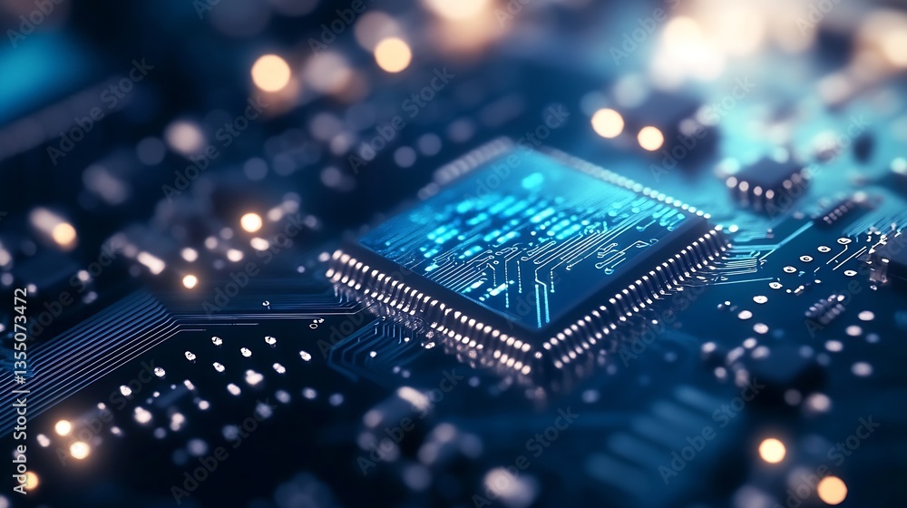 Poster Close up view of an advanced microchip highlighting intricate circuit board design and glowing connections : Generative AI