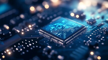 Obraz premium Close up view of an advanced microchip highlighting intricate circuit board design and glowing connections : Generative AI