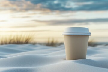 A Coffee cup sits upright in sand at the beach on a bright day. Disposable cup and lid.