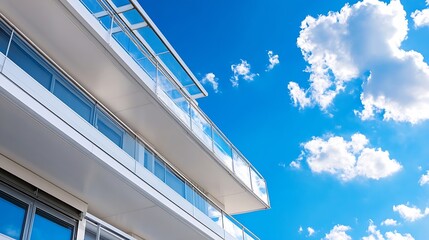 Modern apartment building with large glass windows reflecting fluffy clouds in the sky : Generative AI