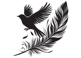 vector silhouette of a feather with flying bird logo, feather with flying bird logo icon, feather with bird logo design black animal, black feather with flying bird silhouettes on white background
