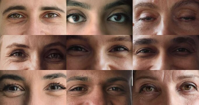 Different people looking at camera. Close up collage view of multinational men and women with unique characteristics, such as varying eye colors, shapes, and expressions. Individuality and diversity