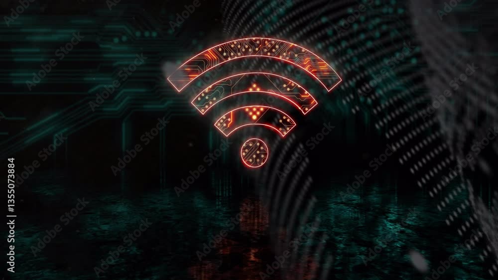 Poster wi-fi symbol glowing with digital circuit patterns on dark surface in animation