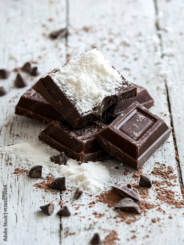 Poster rich dark chocolate pieces surrounded by cocoa powder and shredded coconut on a rustic backdrop : ge