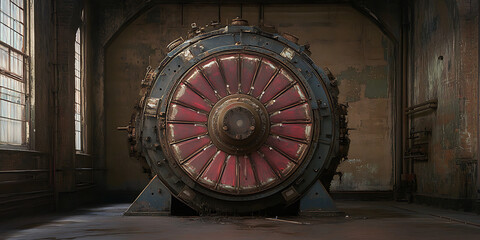 Giant aged industrial machine with red segmented center in a decaying window-lit room.