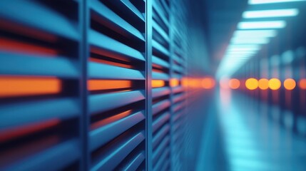 Abstract Data Center Interior with Glowing Lights and Metal Ventilation Grilles