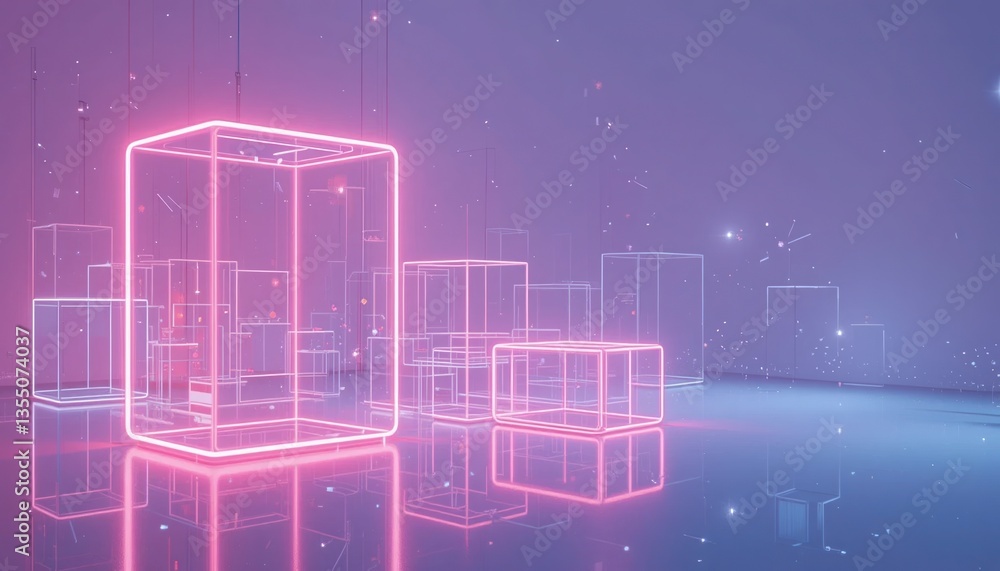 Poster illuminated neon cubes interaction futuristic digital space 3d render virtual environment aesthetic 