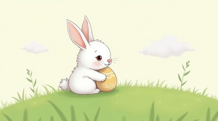 Fototapeta premium Cute Easter Bunny Sitting with an Egg in a Green Field