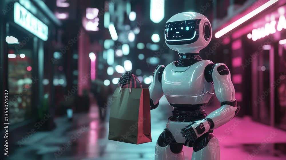 Poster friendly futuristic delivery robot hands over grocery bag in sleek cyberpunk urban setting with vibr