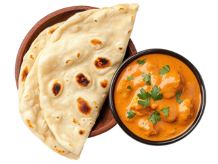 A bowl of creamy curry topped with herbs, accompanied by soft flatbreads on a wooden plate, Transparent Background.