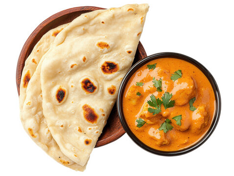 A bowl of creamy curry topped with herbs, accompanied by soft flatbreads on a wooden plate, Transparent Background.
