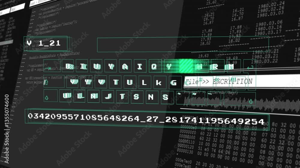 Poster animation of digital encryption interface showing code and data processing elements
