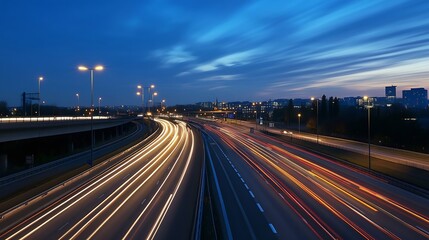Dynamic highway scene illuminated by light trails during dusk with city skyline : Generative AI