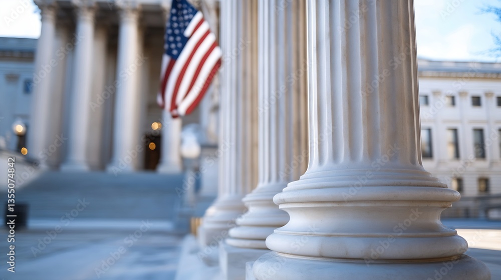 Poster Perspective view of classical columns with an American flag outside a grand courthouse building : Generative AI