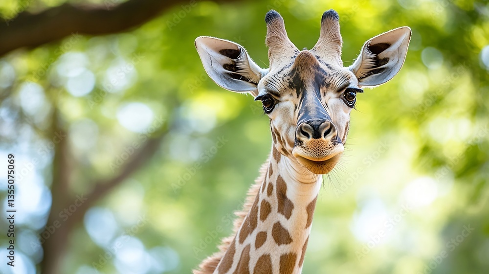 Poster majestic portrait of a giraffe looking directly at the camera in a lush forest environment : generat
