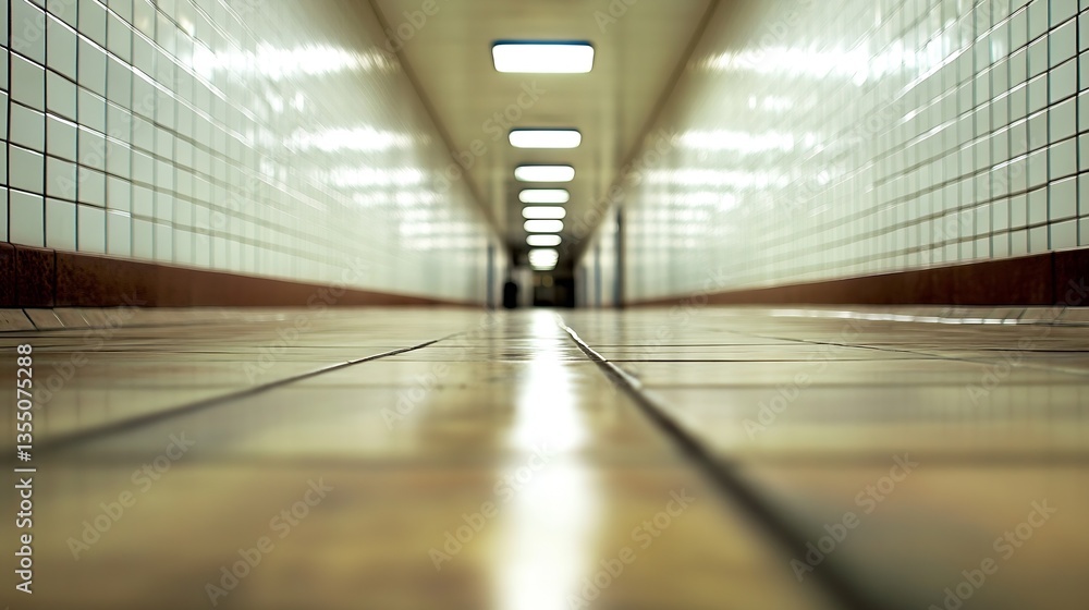Poster long perspective view of a clean hallway with tiled floor and bright lighting in a public building :