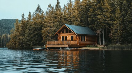 Fototapeta premium Tranquil Lakeside Retreat Rustic A-Frame Log Cabin in Forest Setting Peaceful Nature Escape in Green and Brown Hues
