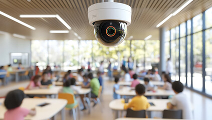 Security camera surveying a cafeteria filled with children light wood tones large windows and modern lighting fixtures.
