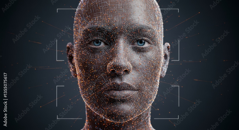Poster 3d wireframe face recognition system - biometric security, data points, futuristic technology, ident