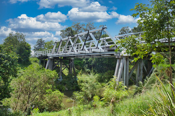The Cooreei Bridge over the Williams River, a historic Dare truss bridge, built in 1905 in Dungog,...
