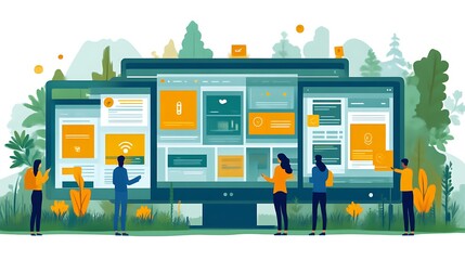 Team collaborating on website design outdoors