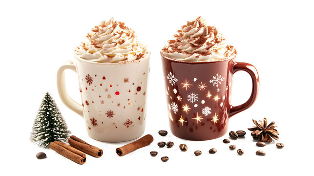 Two cups of coffee with whipped cream and a tree in the background