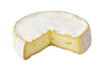 A round cheese wheel with a creamy interior and a soft, white rind, partially cut to reveal its texture, Transparent Background.