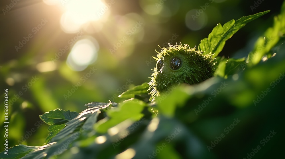 Poster a unique perspective of a small green creature peeking through lush foliage in soft sunlight : gener