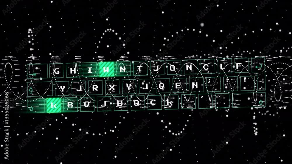 Poster animation of glowing keyboard letters with digital data patterns on black background