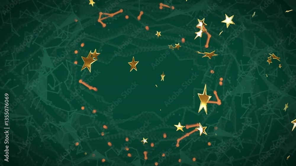 Poster golden stars and abstract patterns creating festive animation on green background