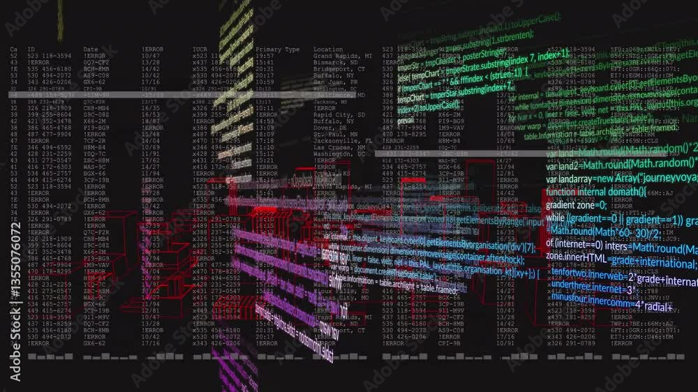 Poster colorful lines of code and data processing animation on black background