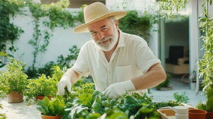 Obraz premium Garden Oasis: A seasoned gardener, exuding warmth and experience, tends his thriving garden, surrounded by an abundance of lush, vibrant plants.