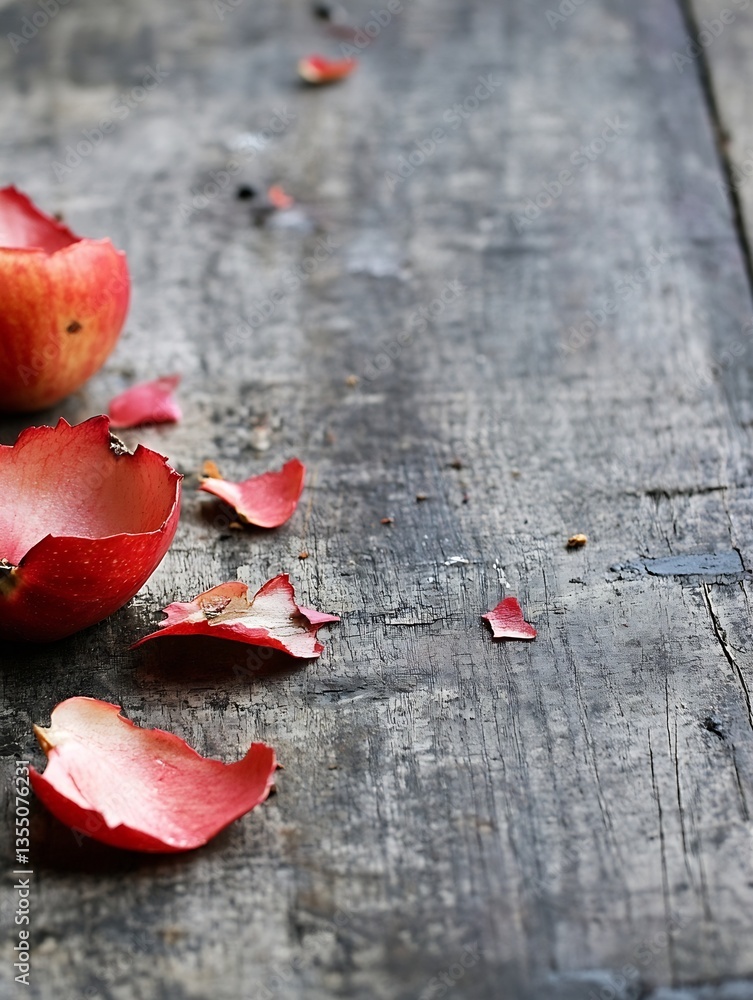 Poster scattered red apple peels on a rustic wooden table conveying autumn vibes and natural beauty : gener