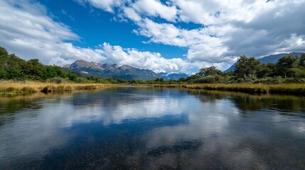 Stunning panoramic view of a serene river surrounded by mountains and blue sky : Generative AI