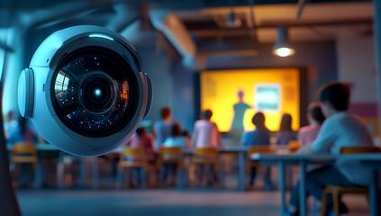 Futuristic robotic camera hovers over a classroom watching students attentively learning from a presentation on the projector screen.