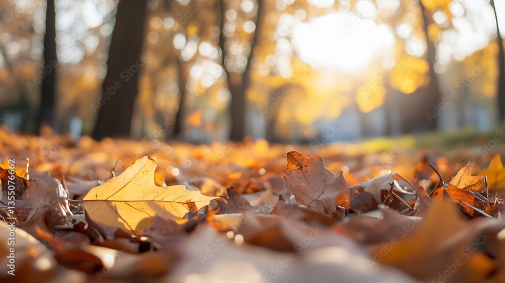 Aufkleber golden autumn leaves blanket the ground in a beautiful forest scene : generative ai