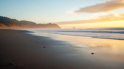 Fototapeta premium Serene coastal landscape with gentle waves meeting the sandy beach at sunset with a picturesque horizon : Generative AI