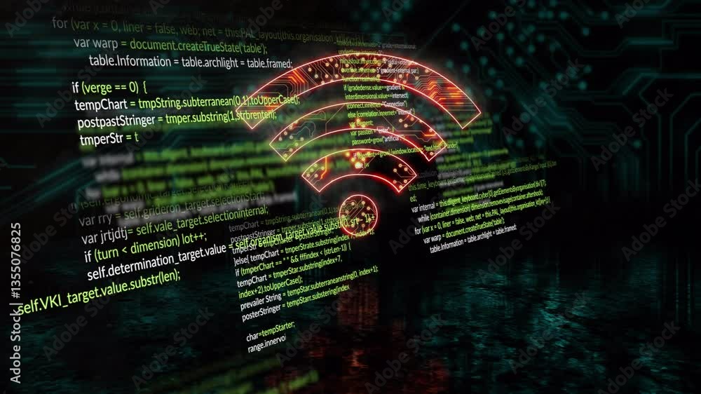 Poster wi-fi symbol glowing with animation over digital code and data processing background