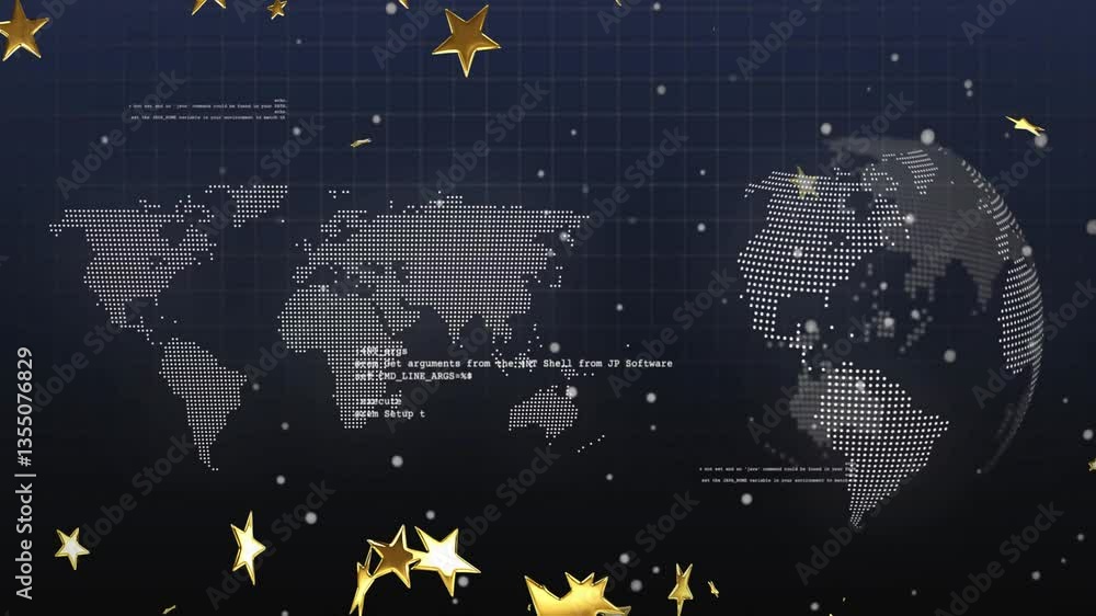 Aufkleber animation of world map with digital data and golden stars on dark background