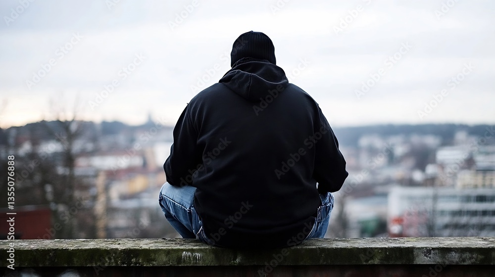 Poster contemplative figure sitting on a ledge overlooking a cityscape filled with buildings : generative a