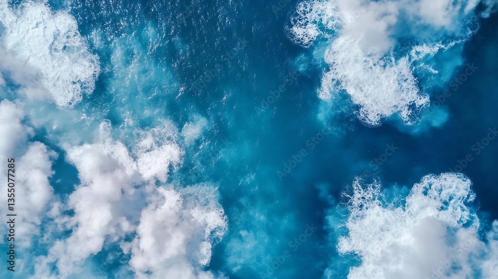 Poster aerial view of large ocean waves crashing against the shore with white foam and clear blue water : g